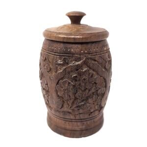 VTG Wooden Art Hand Carved Wood Jar Lid Canister Stash Trinket Primitive Floral